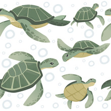 Seamless Pattern Of Big Green Sea Turtle Cartoon Cute Animal Design Ocean Tortoise Swimming In Water Flat Vector Illustration On White Background