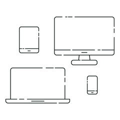 Poster - Device line art set. Laptop, smartphone, personal computer and tablet vector illustration isolated on white.