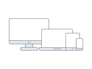Poster - Device line art set. Laptop, smartphone, personal computer and tablet vector illustration isolated on white.
