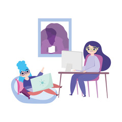 Wall Mural - working remotely, young women with laptop and computer in desk