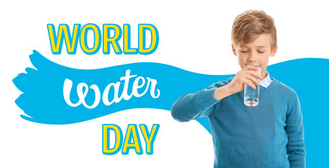 Sticker - Cute little boy with glass of water on white background. World Water Day