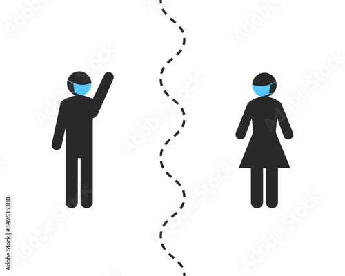 Cuadros en Lienzo Social distancing concept with stick figure people wearing face mask and keeping distance while meeting in public