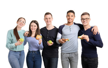 Poster - Pupils with tasty lunch on white background