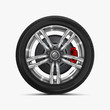Car wheels isolated on a white background. Automotive tire on gray light alloy disc with soft shadow. Red brake.  3D icon. Car summer wheel. Black rubber tire. Realistic detailed tire design.