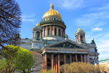 St Petersburg City Scenery With Saint Isaac's Cathedral Architecture In Russia. Historical Orthodox Church Facade On Sunny Spring Day