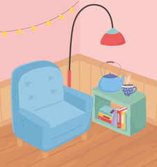 Poster - sweet home armchair lamp coffee cup kettle lights and wooden floor