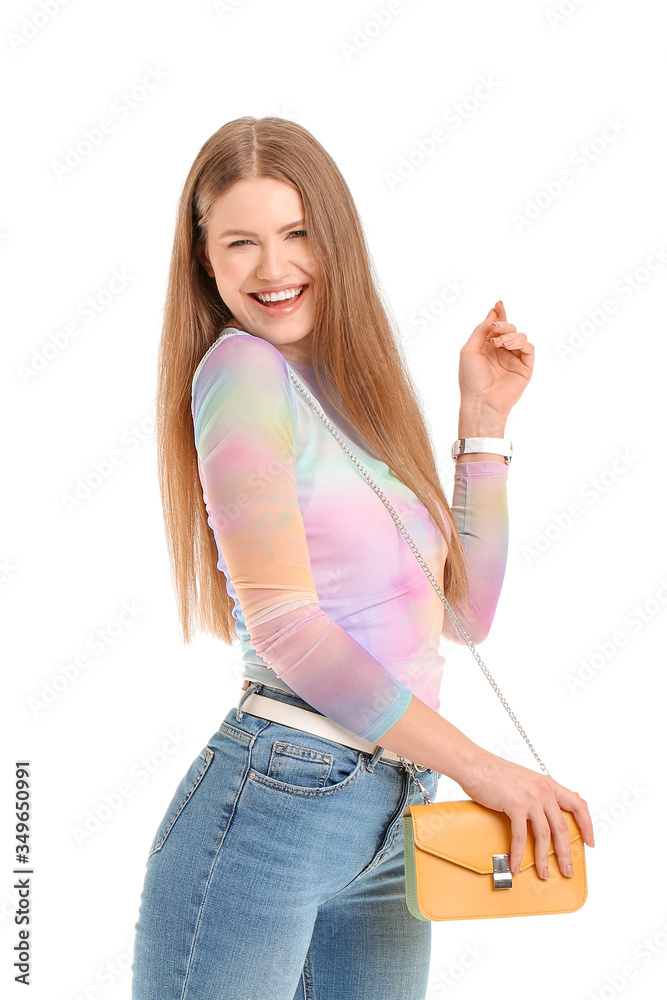 Beautiful woman with stylish bag on white background