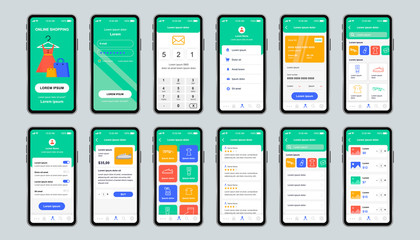 Online shopping unique design kit for app. Clothes shop platform screens with goods category, description and review. Internet marketplace UI, UX template set. GUI for responsive mobile application.
