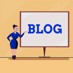 Poster - Text sign showing Blog. Business photo text regularly updated website web page run by individual Female Doctor with Stethoscope Standing Hand Presenting Blank Whiteboard