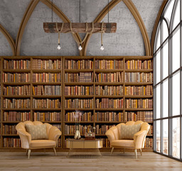 Old bookcase with leather armchair near window in reading room or library.Vintage style.3d rendering