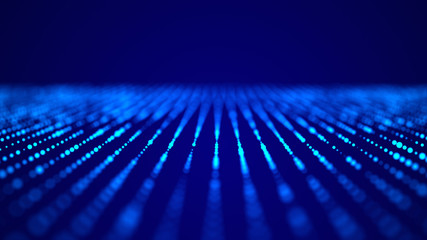 Poster - Color music sound wave. Abstract futuristic background of particles. Technology dynamic dots background. 3D rendering.