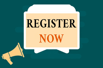 Poster - Handwriting text writing Register Now. Conceptual photo official list or record showing or things into web or forum Megaphone and Blank Screen Tablet Horizontally Resting on Stand Holder