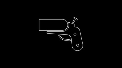 Poster - White line Flare gun pistol signal sos icon isolated on black background. Emergency fire shoot target smoke. Orange 911 launcher. 4K Video motion graphic animation