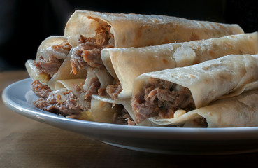 Mexican Food, burritos or tacos de machaca with flour tortillas, north of Mexico traditional food.