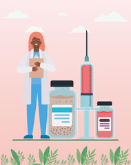 Sticker - Female doctor with injection and medicine jars vector design