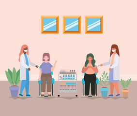 Sticker - female doctors vaccinating women vector design