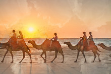 Cable Beach, Broome / Australia - 11/22/2014 Painterly Converted Image Of People Riding Camels On Cable Beach With A Beautiful Sunset.