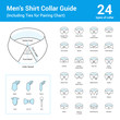 Vector set of line icon of men's shirt collar guide. Includes different collar types and models such as mandarin, one piece, banded. Detailed diagram of collar. Tie models matching to shirts.