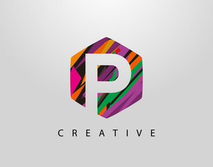 Wall Mural - Abstract Hexagon P Letter Logo. Initial P With Creative Colorful Strips