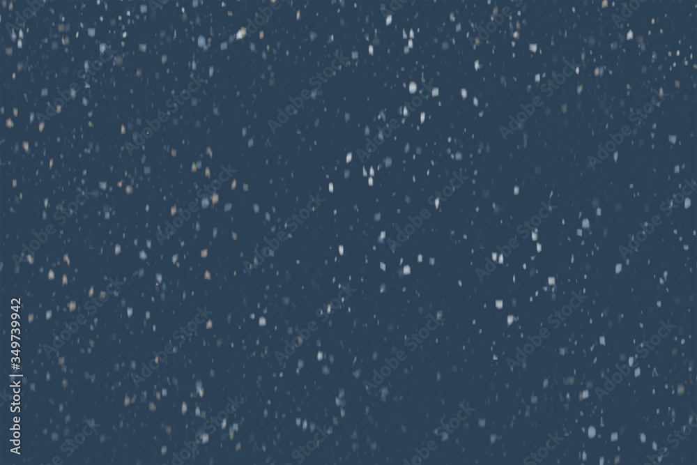 Random falling stars Christmas background. Subtle flying snow flakes and stars on dark blue night background. - obrazy, fototapety, plakaty 