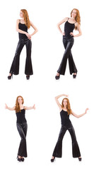 Wall Mural - Redhead woman in black bell bottom pants on white