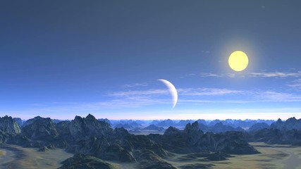 Wall Mural - Alien Blue Moon in the Clouds. Above the mountains and valleys in the blue sky, the planet is in partial shade.The sun shines brightly, quickly floating clouds.