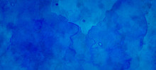 Blue Watercolor Background, Old Blue Painted Paper With Color Splash Or Blotches And Paint Drips Drops And Spatter In Abstract Texture Design