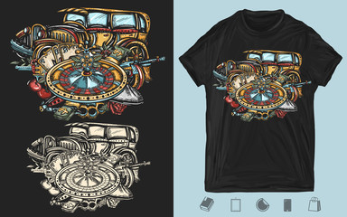 Gangster retro car, roulette wheel, weapons, money, gamblings. Crime film art. Creative print for dark clothes. T-shirt design. Template for posters, textiles, apparels. Criminal noir illustration