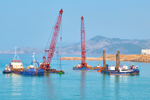 Dredger Floating Platforms And Other Vessels On Sea Dredging Works
