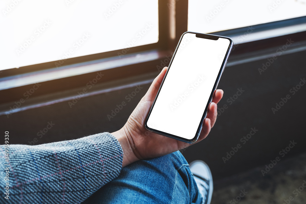 Mockup image of a woman holding mobile phone with blank white desktop screen - obrazy, fototapety, plakaty 