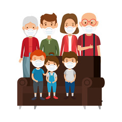 Sticker - cute family using face mask with couch vector illustration design