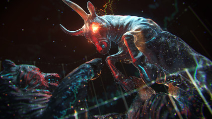 Poster - 3d render background with bear and bull. Trading concept illustration. Graphs, particles, depth of field.
