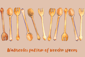 Spoons forks spatula wooden natural cooking home pattern watercolor isolated horizontal pattern