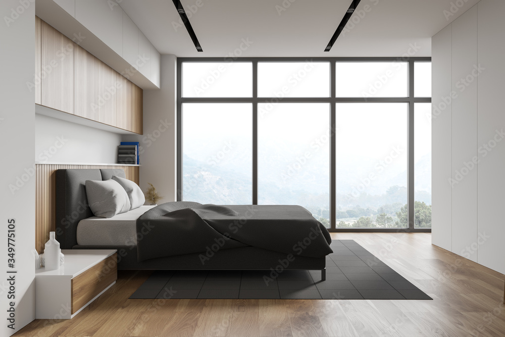 White and wooden master bedroom with window - obrazy, fototapety, plakaty 