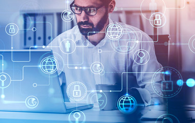 Poster - Bearded man with laptop, online business interface
