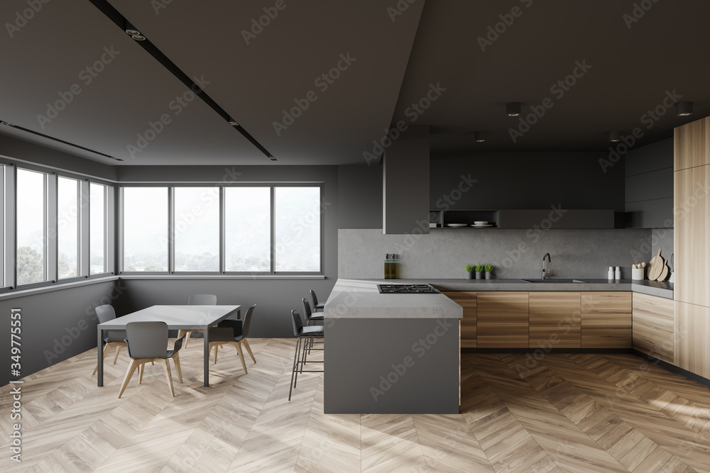 Gray and wood kitchen interior with bar and table - obrazy, fototapety, plakaty 