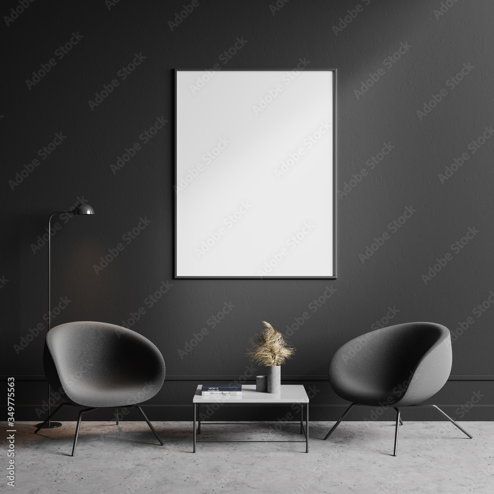 Two gray armchairs in living room with poster - obrazy, fototapety, plakaty 