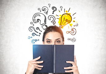 Poster - woman covering face with book and her idea