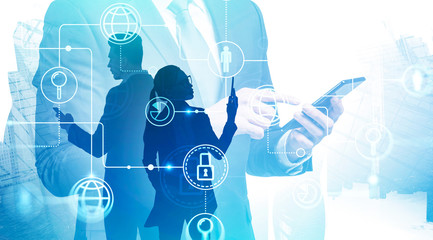 Poster - Man with phone and his team, online business