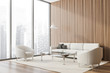 Panoramic wood lounge corner, armchairs and sofa