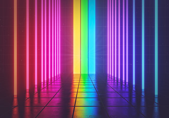 Poster - colorful futuristic Sci-Fi abstract glowing neon lights Background. design Suitable for banner, poster, advertising. 3d rendering
