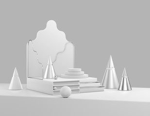 Poster - 3D rendering abstract scene display product. Steps with curly folded copy space, shiny silver cones and balls of pastel white, gray. Minimal clean, light website template, app.