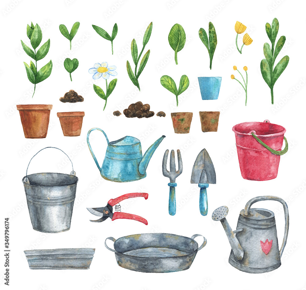 Garden tools watercolor illustration. Set illustrations of garden tools ...