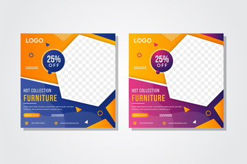 Poster - Modern and Unique Editable Social Media Banner Template for Promotion Digital Marketing of furniture. Square Web layout with hexagon space for photo. Combination orange, blue and purple gradient.