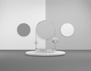 Poster - 3D rendering abstract exhibition. Marble platform with a shiny silver arch and chains, decorative round elements of an different tone in pastel white, gray. Award template for app, web page.
