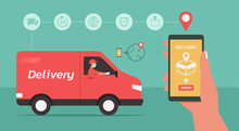 Online Delivery Van Service Concept, Man Delivering Box, Finding Map On Phone. Hand Holding Smartphone With Mobile App For Goods Tracking And Order. Smart Technology Logistic, Vector Flat Illustration