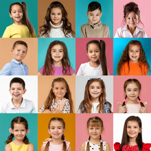 Collage Of Happy Smiling Faces Of Kids. Happy Child Girls And Boys Expressing Different Positive Emotions. Human Emotions, Facial Expression Concept.
