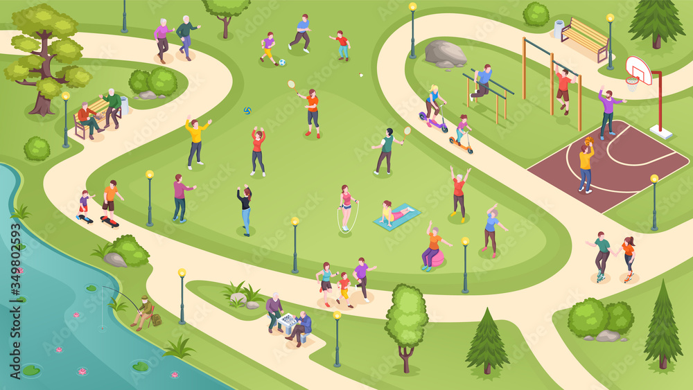 People in city park, sport activity and summer leisure games, isometric vector background. People in public park jogging, playing basketball and tennis, training at workout ground and riding scooters - obrazy, fototapety, plakaty 
