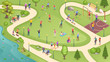 © Sensvector - People in city park, sport activity and summer leisure games, isometric vector background. People in public park jogging, playing basketball and tennis, training at workout ground and riding scooters