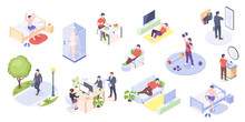 Man Daily Life, Home Routine, Work And Everyday Activity, Vector Isometric Icons. Man Daily Life At Home And Work Office, Morning Wake Up, Gym Exercises, Eating Breakfast, Reading And Relaxing On Sofa